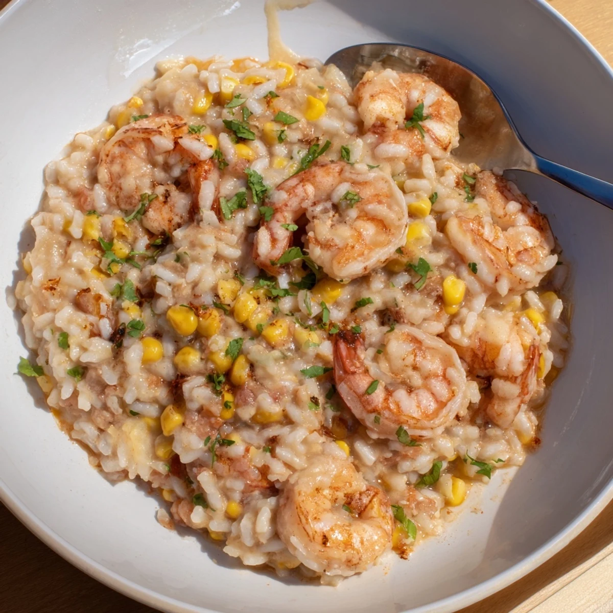 Creamy smoky chipotle shrimp and corn risotto topped with fresh cilantro and lime.  