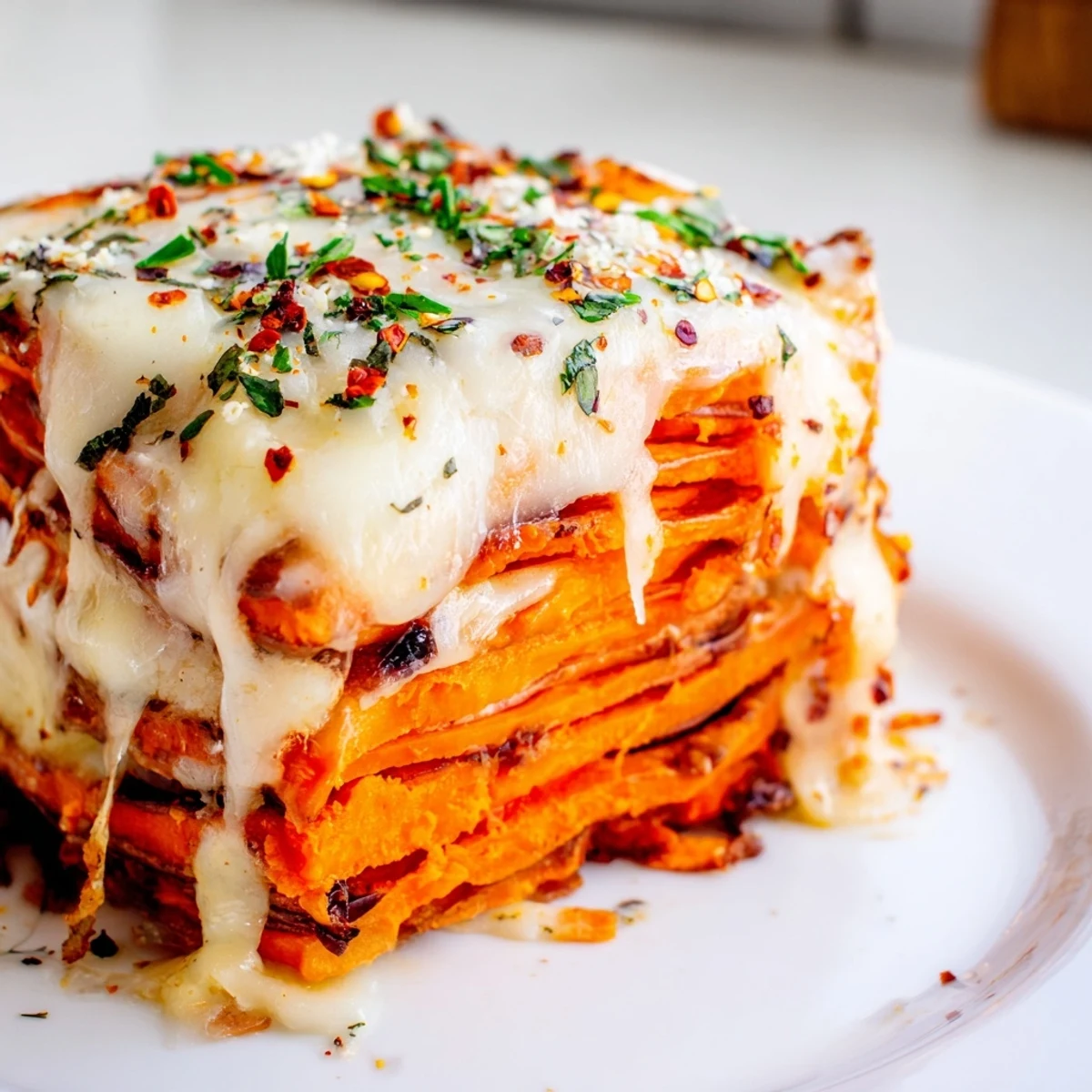 Crispy cheesy sweet potato toasts topped with fresh herbs and red pepper flakes.  