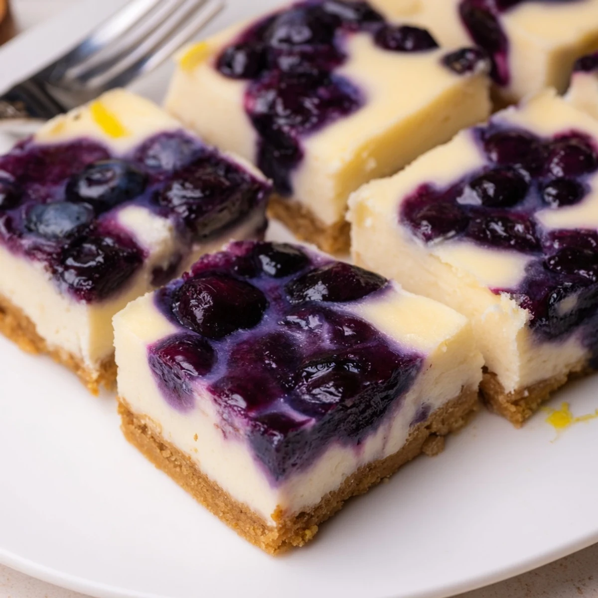 Creamy blueberry lemon cheesecake bars over a buttery graham cracker crust, perfect dessert.  