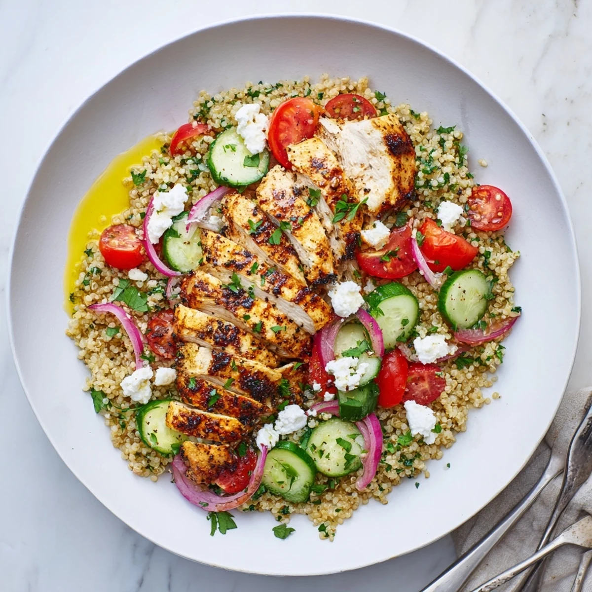 Juicy Lemon Dijon Chicken & Quinoa Salad served with fresh veggies and feta.  