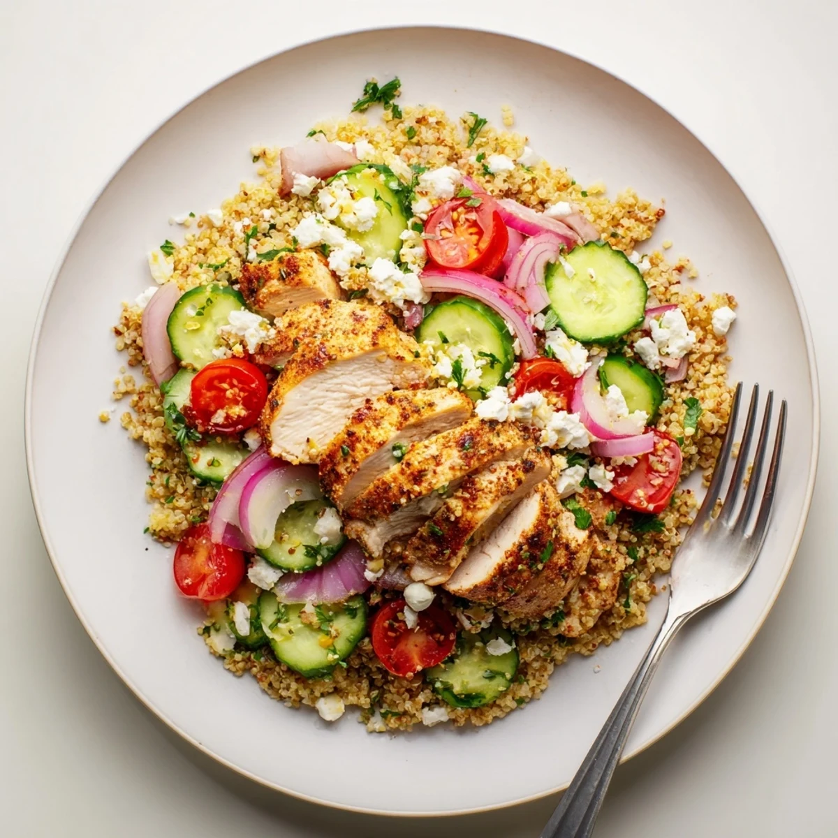 Savory Lemon Dijon Chicken atop fluffy quinoa, garnished with crunchy vegetables.