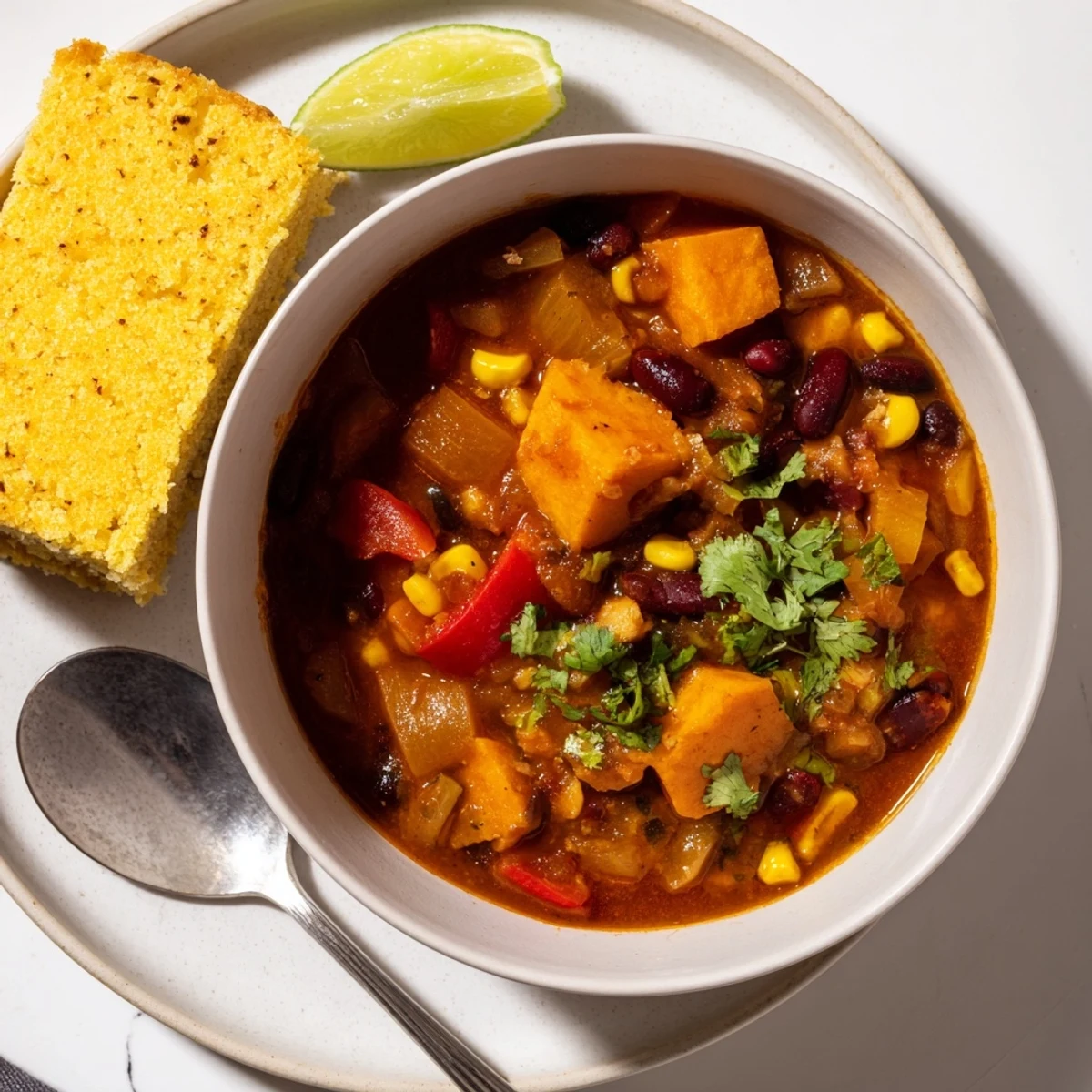 Hearty pumpkin chipotle chili served with warm cornbread, perfect for cozy nights.  