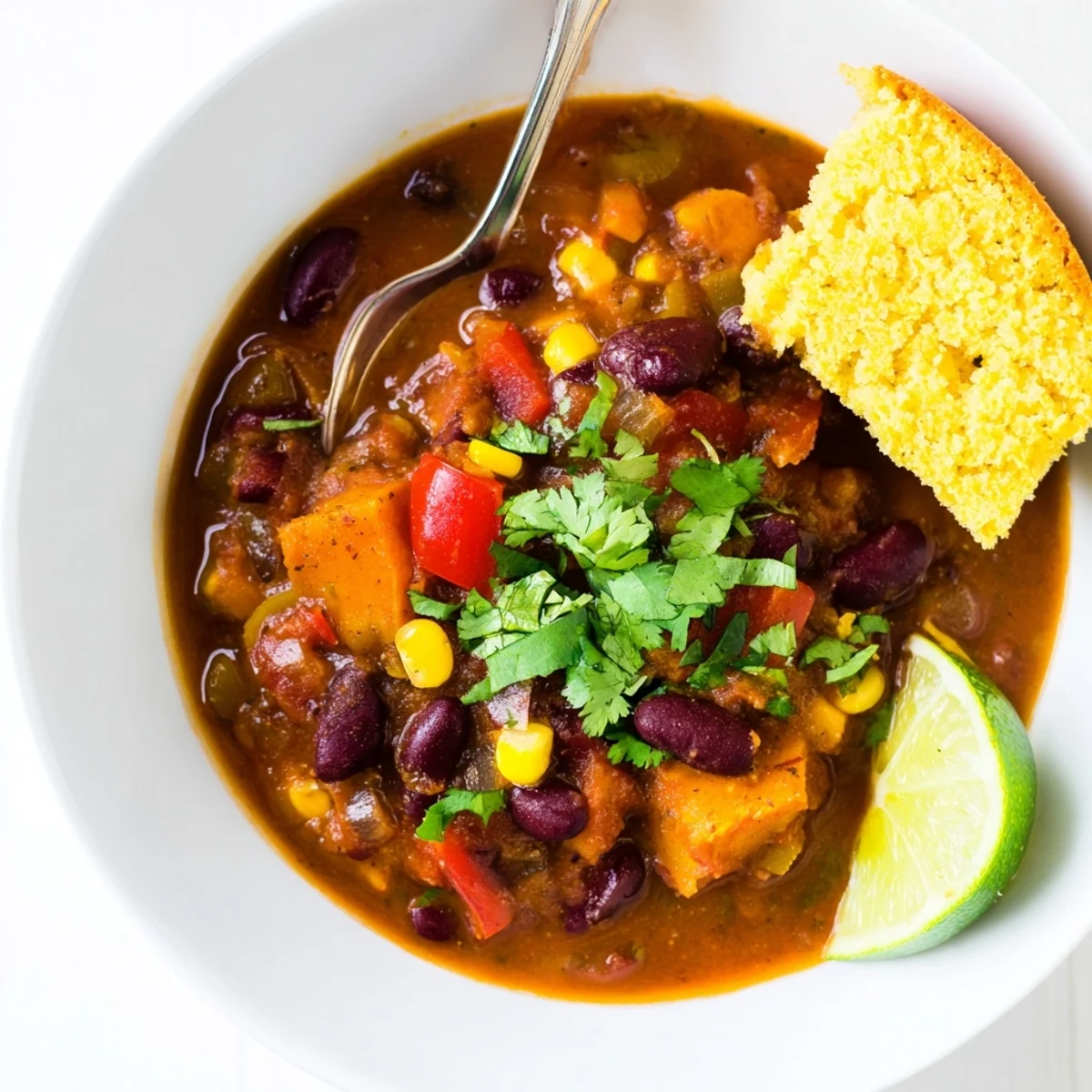 Delicious pumpkin chipotle chili steaming beside freshly baked cornbread slices, inviting flavors.