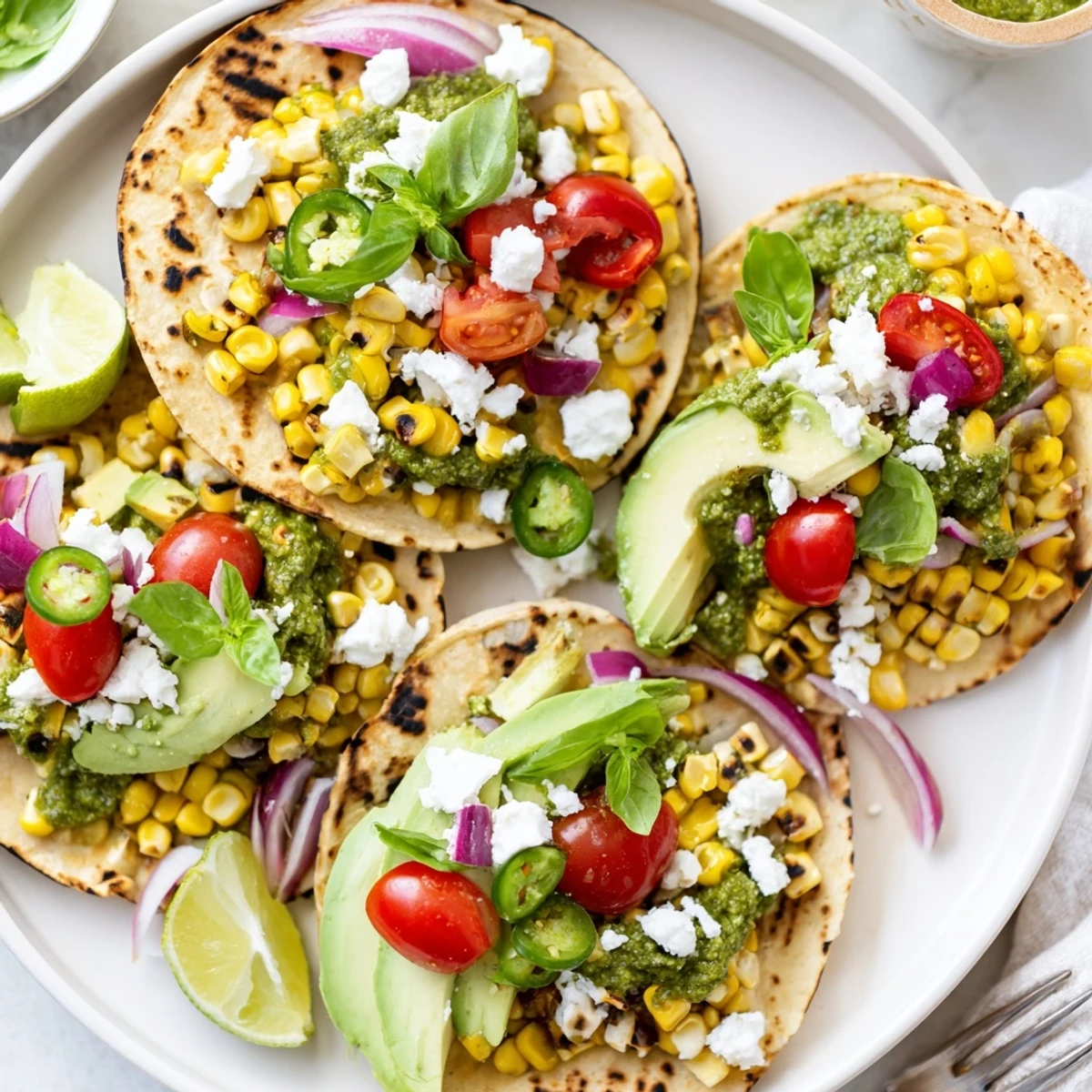 Vibrant Sweet Corn & Basil Pesto Tacos with fresh veggies and zesty flavors.  