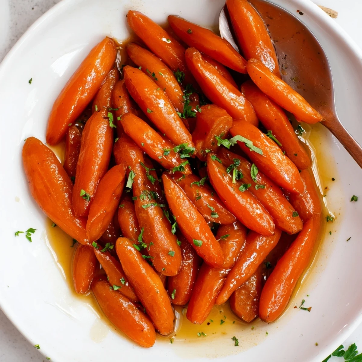 Tender bourbon maple glazed baby carrots, a sweet and savory side dish.  