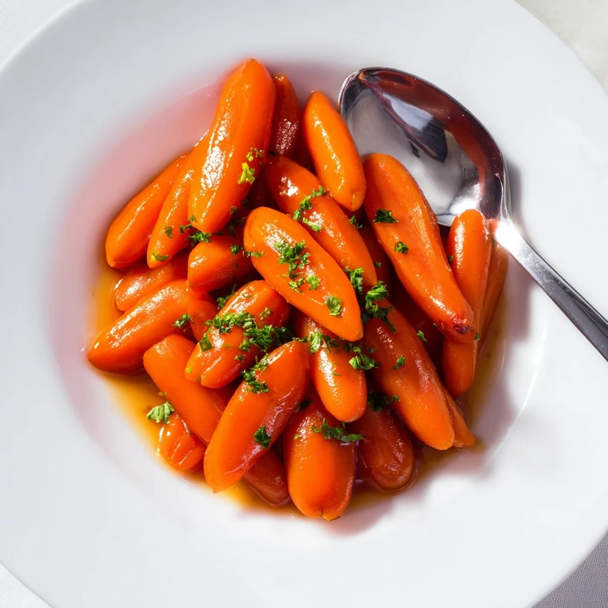 Vibrant baby carrots in a buttery bourbon glaze, tempting for any dinner table.