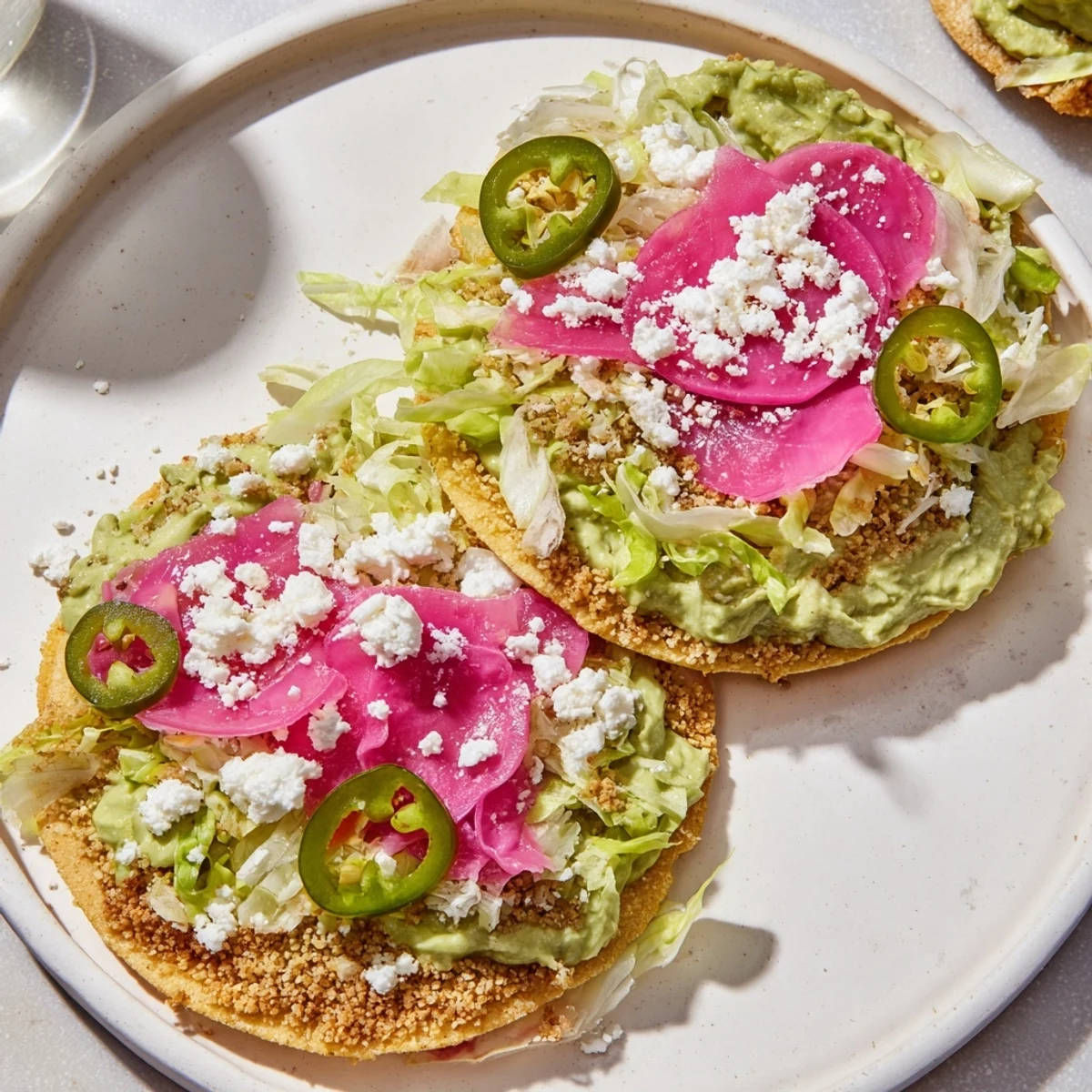A close-up of vibrant 5-minute pickled red onion tacos with a creamy, crispy avocado crema topping.