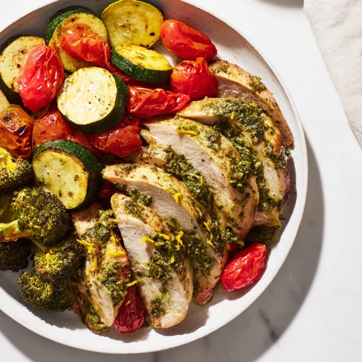 This sheet pan version of Quick Lemon Pesto Chicken offers tender chicken and colorful, perfectly roasted veggies.