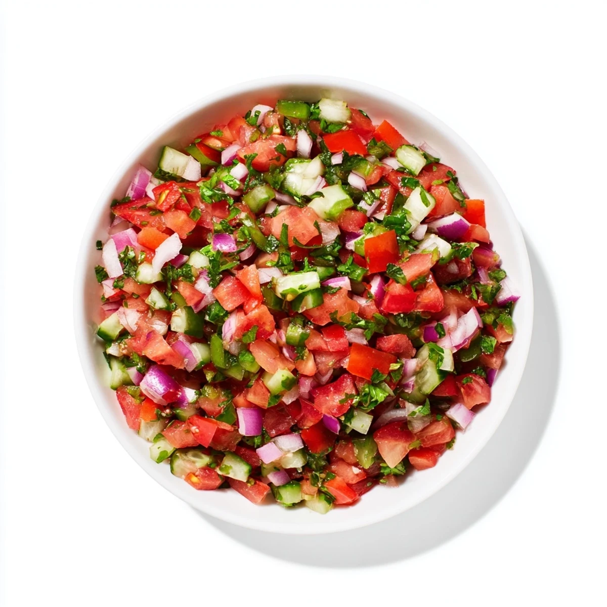 Vibrant Pickle De Gallo Salsa with red tomatoes, cilantro, and lime, ready to scoop with chips.