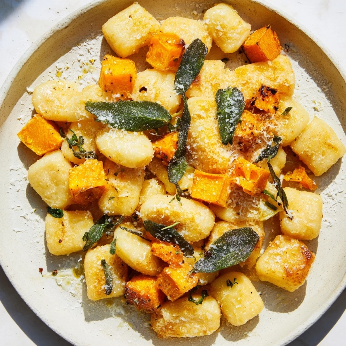 Golden brown, buttery Rustic Butternut Squash & Sage Brown Butter Gnocchi dish with roasted squash visible.