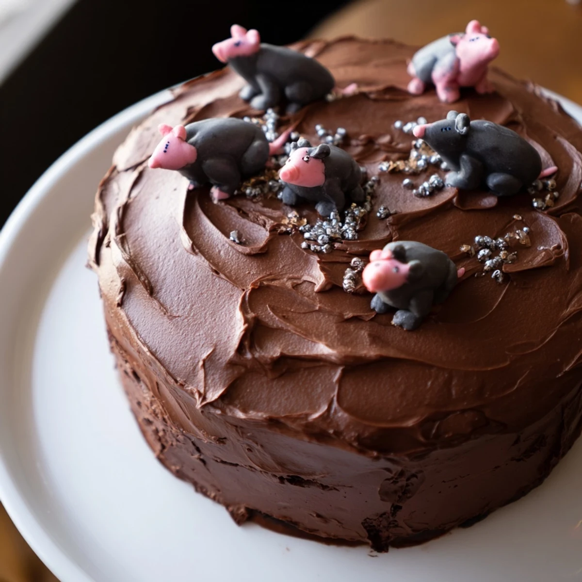 A slice of this Rat Cake with Whipped Chocolate Ganache shows its moist layers and rat decor.
