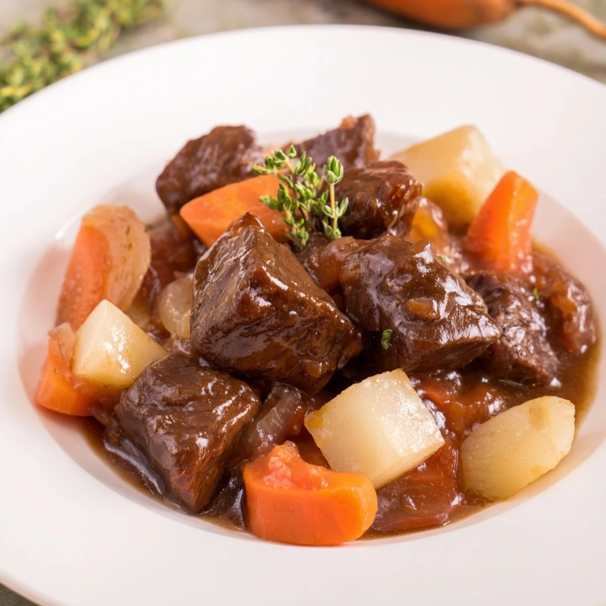 Steaming Comfort Crockpot Beef Stew: a hearty, flavorful dish with tender beef and vegetables, ready to serve.