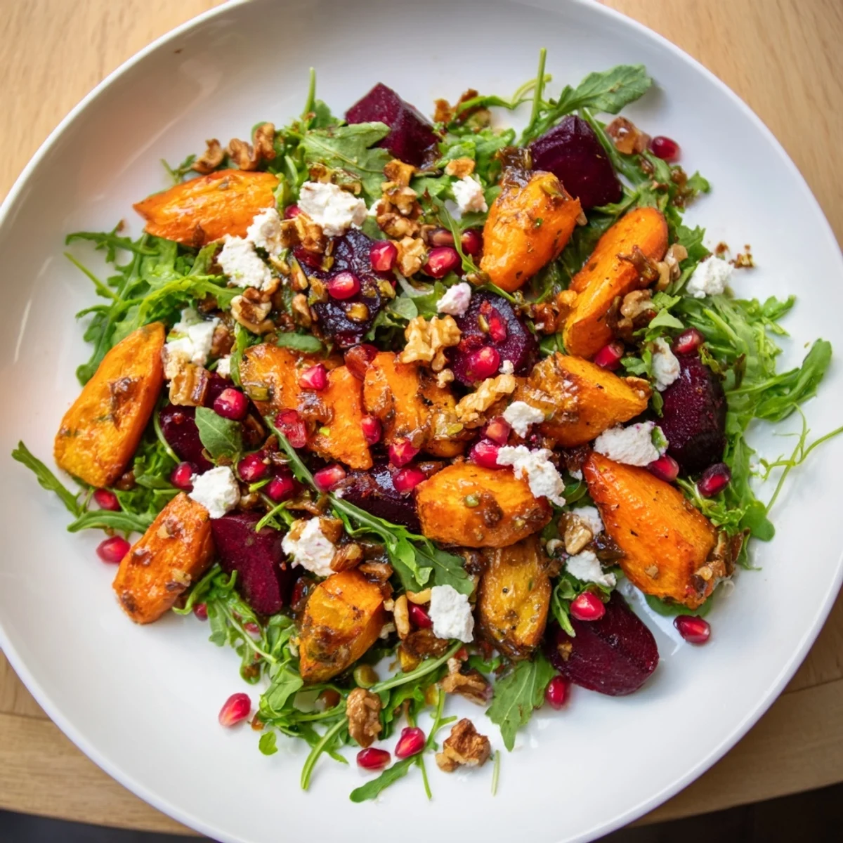 Vibrant Seasonal Root Vegetable & Goat Cheese Salad with ruby pomegranate seeds and roasted vegetables.