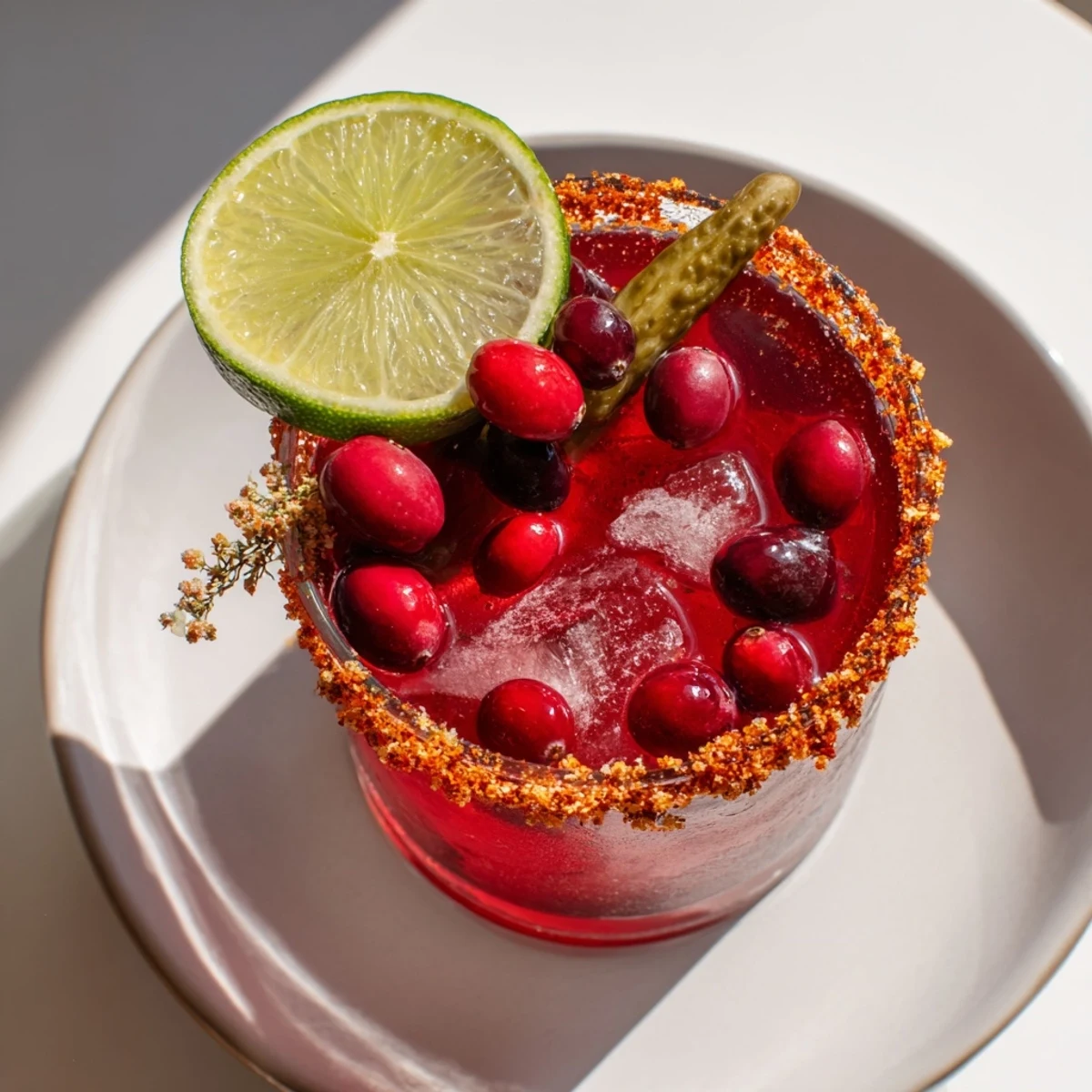 A refreshing DIY cranberry-pickle margarita with a salted spicy rim, garnished with vibrant limes.