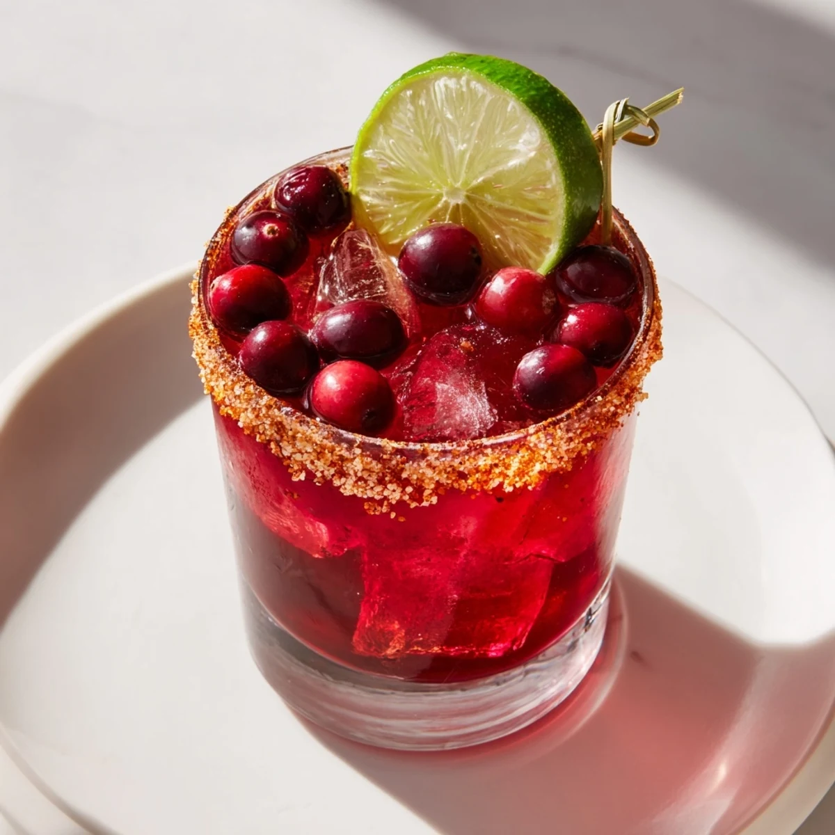 The finished DIY cranberry-pickle margarita, a balanced cocktail with cranberry and pickle brine and zest.