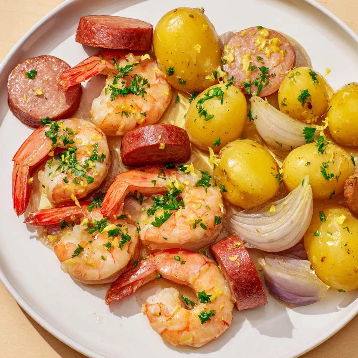 Vibrant photo of a festive New Years Eve Sheet Pan Shrimp Boil, glistening with flavorful lemon butter.