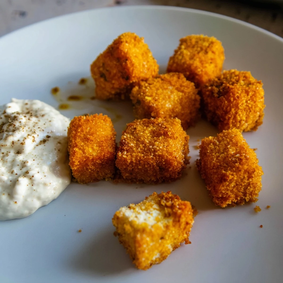 Close-up of baked tofu nuggets; picture these crispy nuggets with a holiday spice dip.