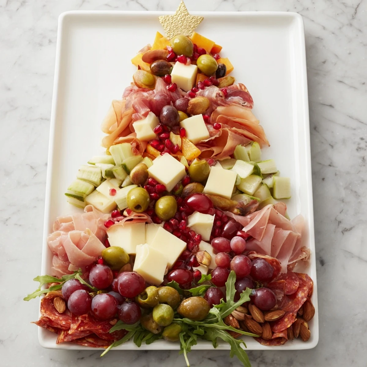 Close your eyes and see the colorful Festive Charcuterie Tree, a festive appetizer loaded with global flavors, ready to serve.