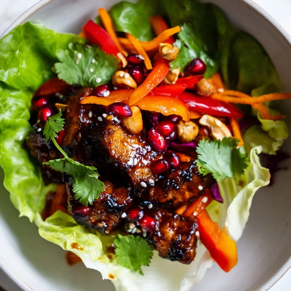 Korean BBQ Chicken Lettuce Wraps with vibrant toppings like carrots and pomegranate, ready to eat.