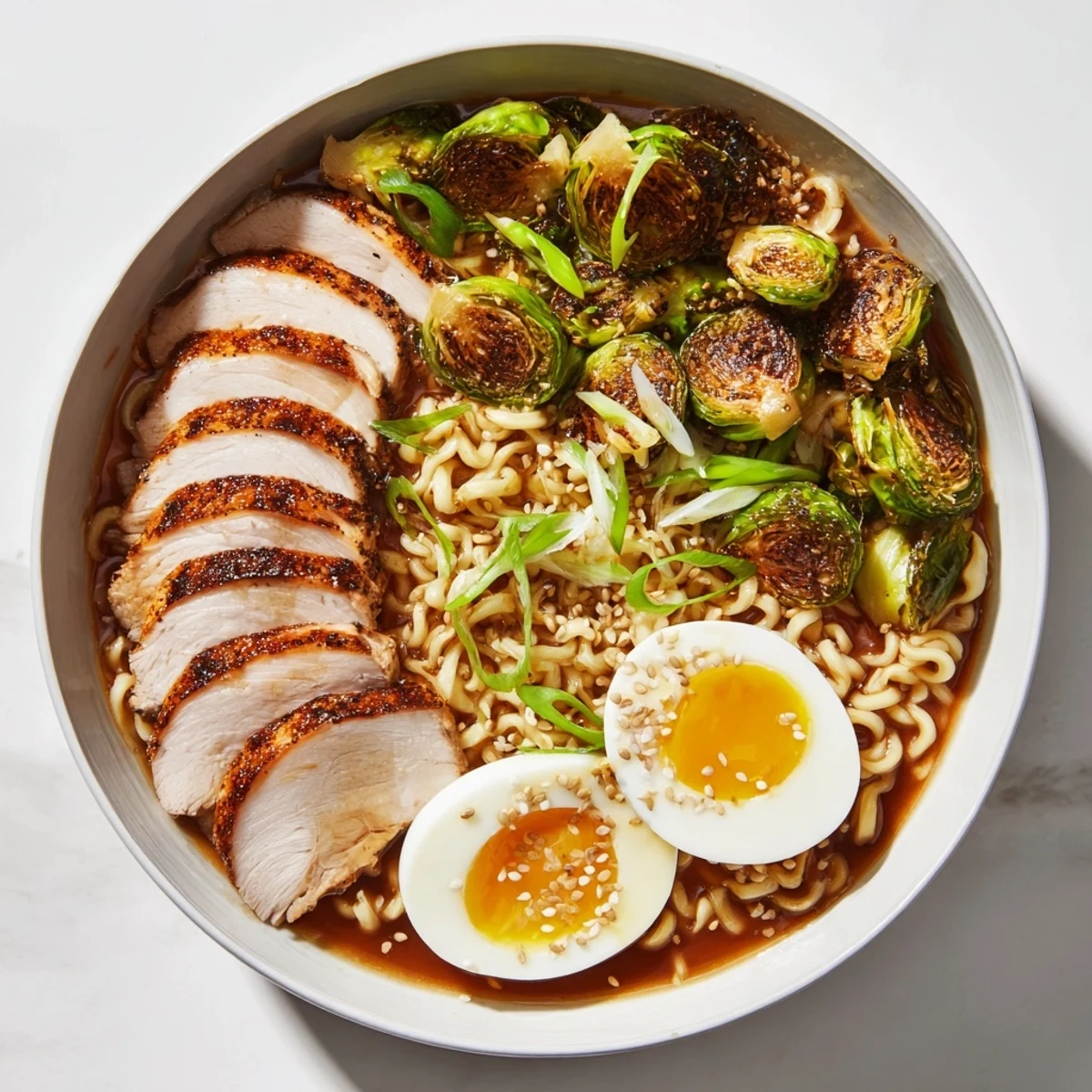 A mouthwatering bowl of Fusion Turkey Ramen with crispy sprouts, ready to be enjoyed.