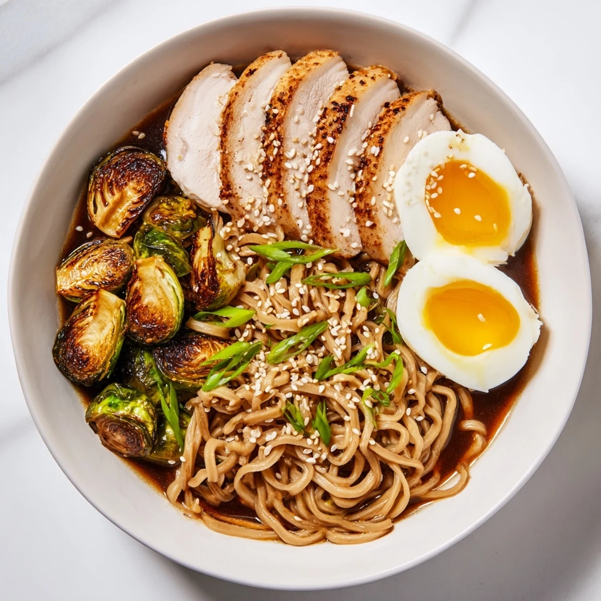 This vibrant photo shows a steaming serving of delicious Fusion Turkey Ramen garnished perfectly.