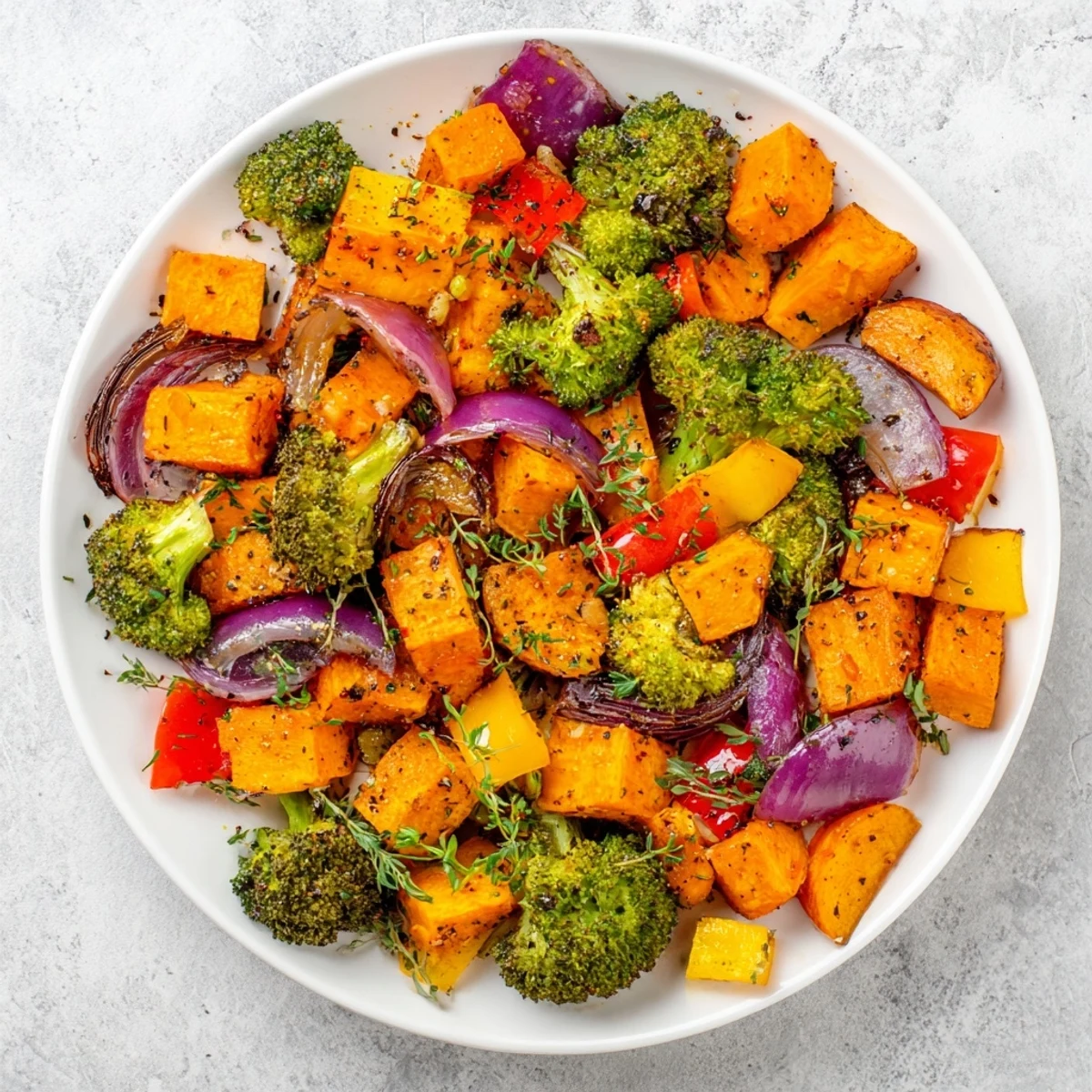 Perfect colorful Friendsgiving Rainbow Roasted Vegetable Medley, a delicious vegetarian side, ready to serve!