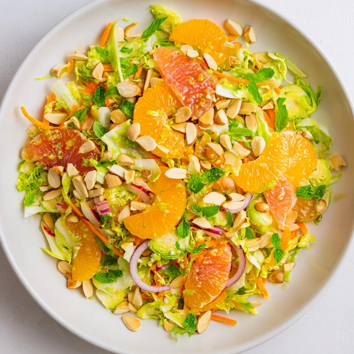 Crisp, refreshing Sparkling Citrus Brussels Sprouts Slaw with colorful citrus segments and toasted almonds.