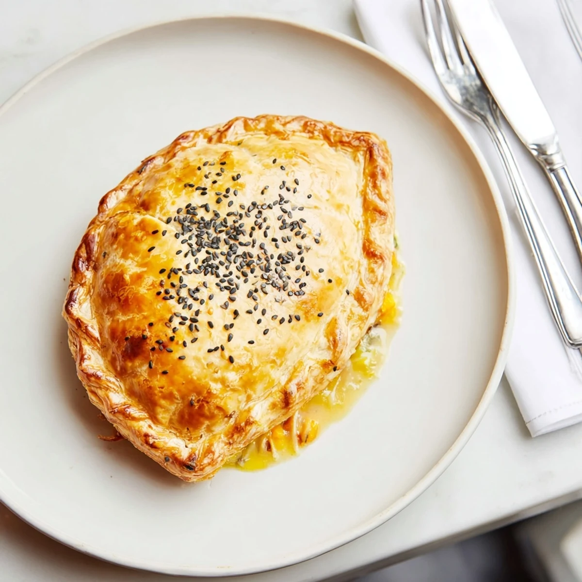 This delicious Japanese-Inspired Chicken Pot Pie displays tender chicken bathed in a savory miso gravy.