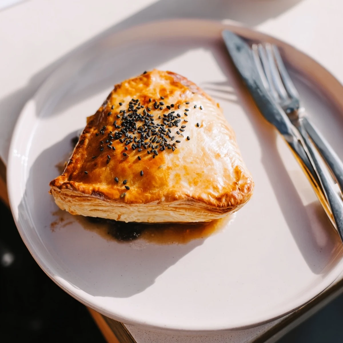 A close-up reveals the comforting Japanese-Inspired Chicken Pot Pie with a rich, bubbling filling ready to eat.