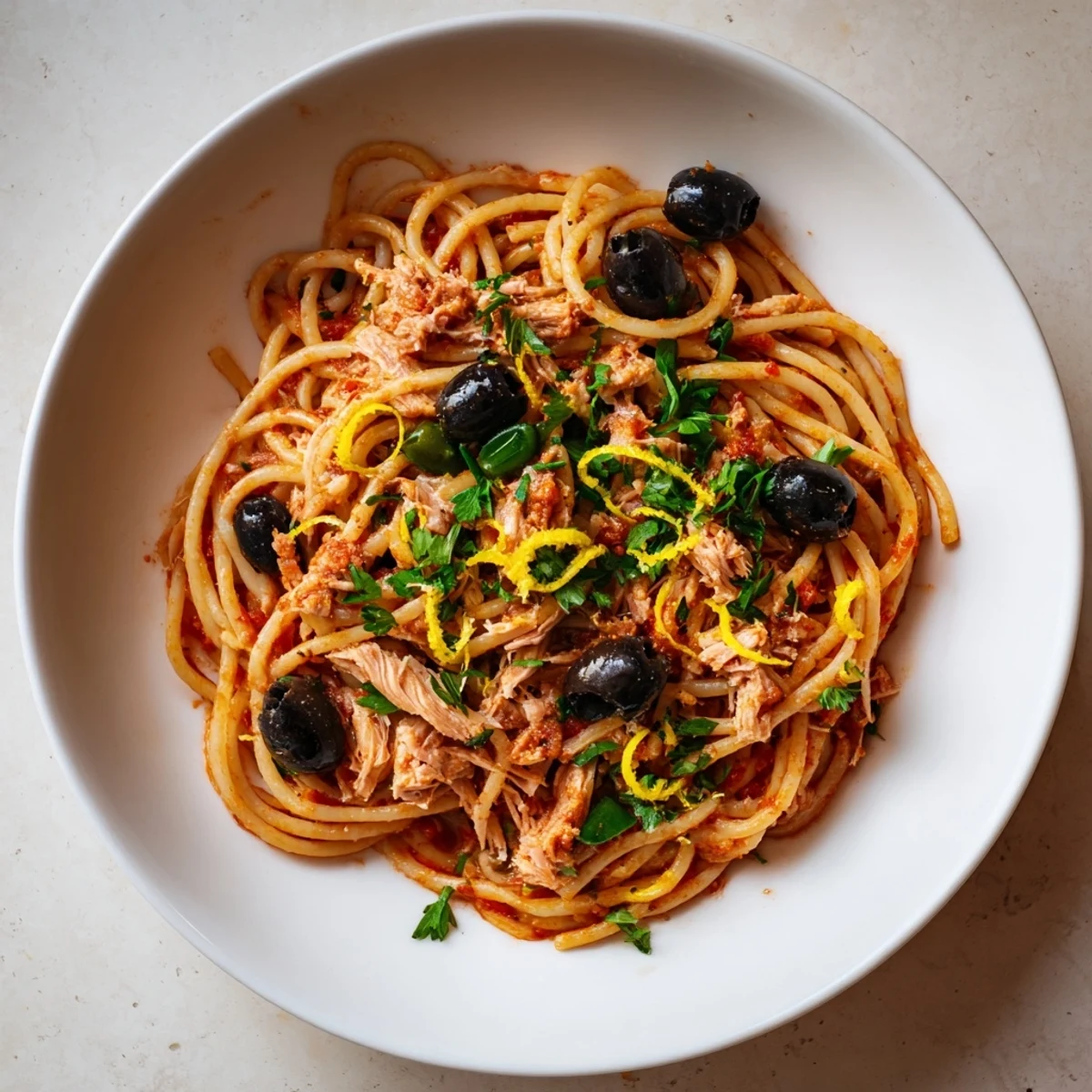 Enjoy this comforting bowl of Pasta with Tuna, Olives & Capers, beautifully garnished with fresh parsley and lemon zest.