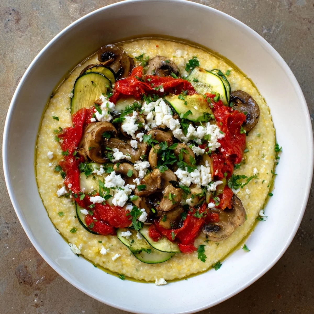 Creamy cornmeal mush polenta bowls topped with roasted vegetables, a comforting, vegetarian main course.