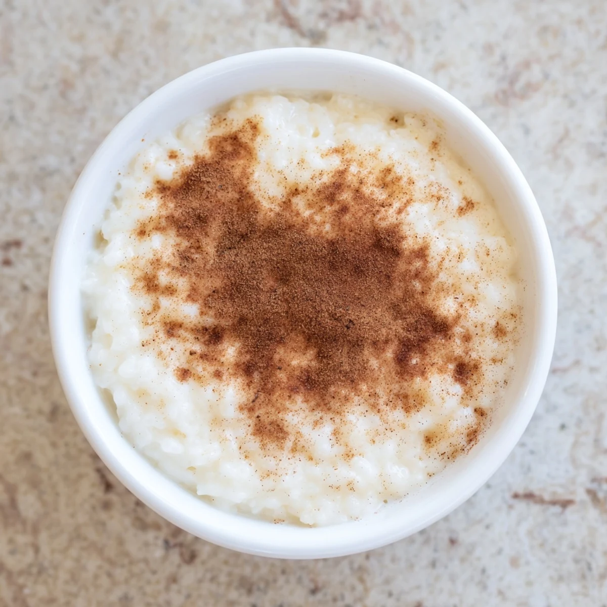 Close-up of warm Rice Pudding with leftover rice, dusted with cinnamon, a comforting homemade dessert.
