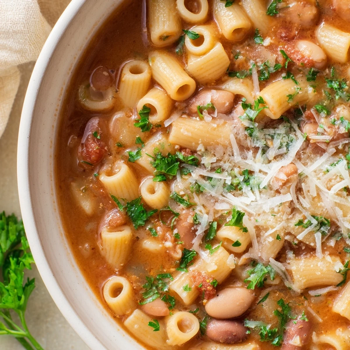 A steaming bowl of Pasta e Fagioli soup, garnished with fresh parsley and Parmesan cheese.