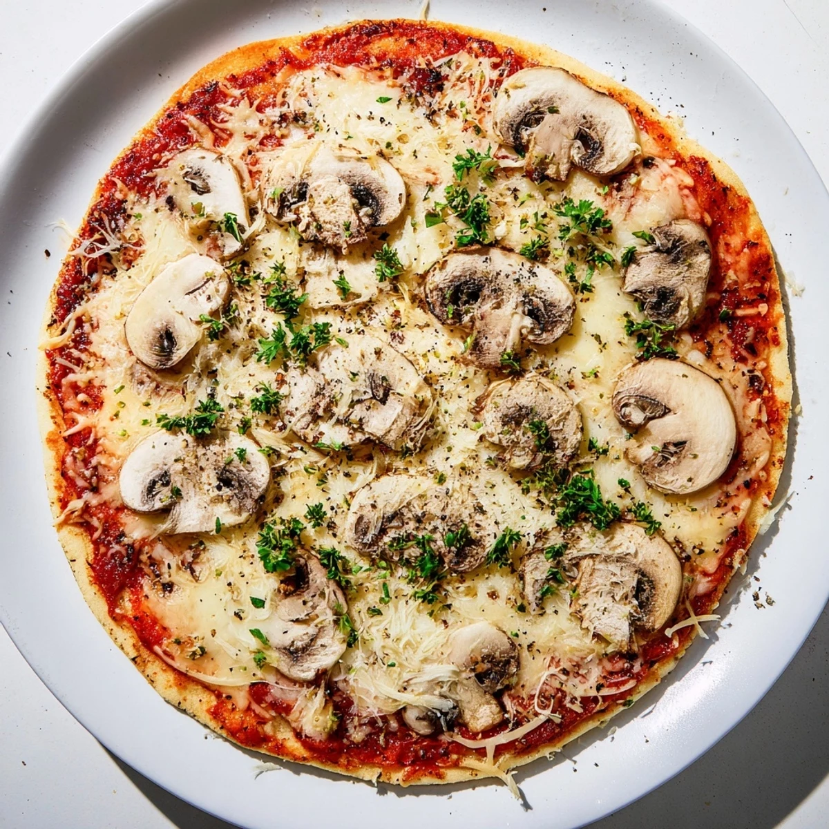 Golden, bubbly upgrade of frozen pizza topped with mushrooms, cheese, herbs, ready to serve.