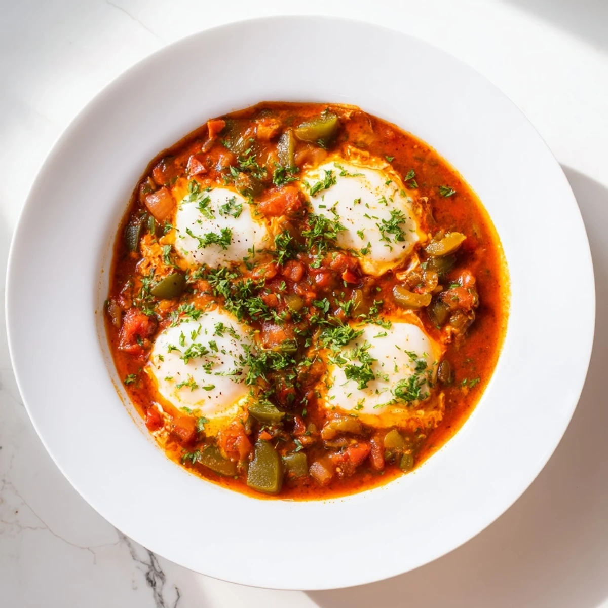 Hearty shakshuka with red sauce, fresh herbs, and perfectly cooked eggs for a flavorful brunch.