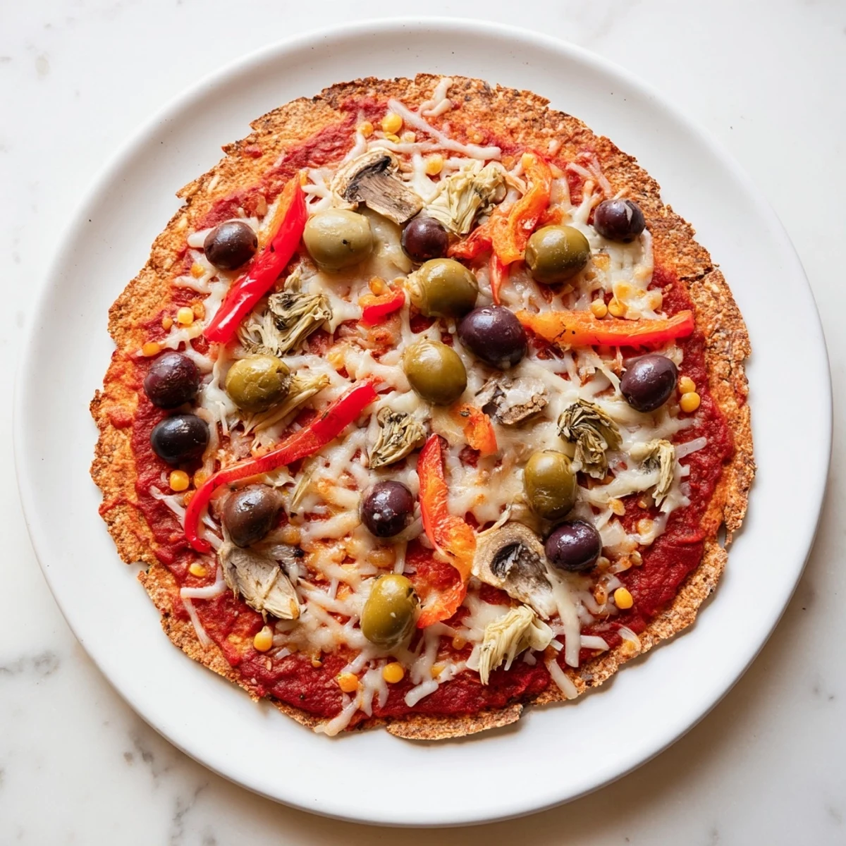 Golden-brown tortilla pizza loaded with melted cheese and olives, perfect for a quick lunch.