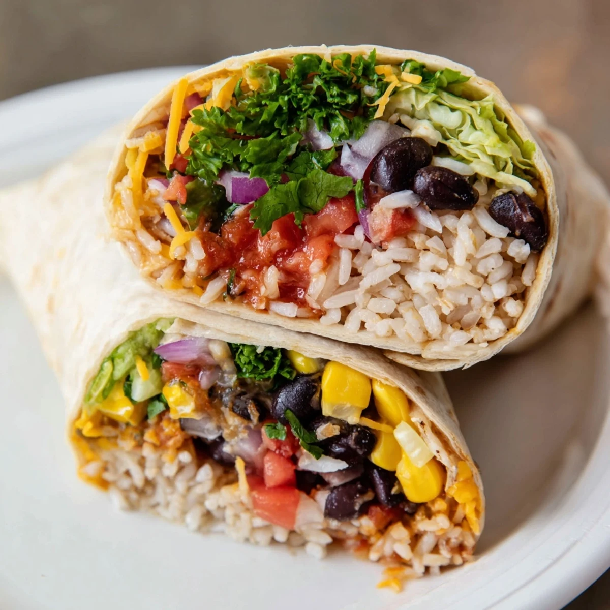 Steaming, savory Rice & Bean Burritos served, revealing colorful layers of fillings inside the wrap.