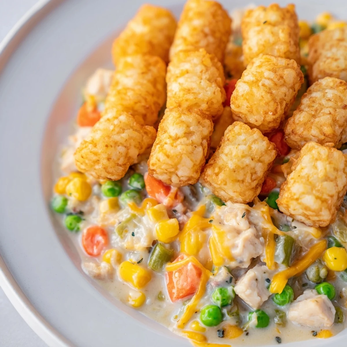 Close-up shot of bubbling Tater Tot Chicken Pot Pie, bubbling, delicious filling ready to serve.