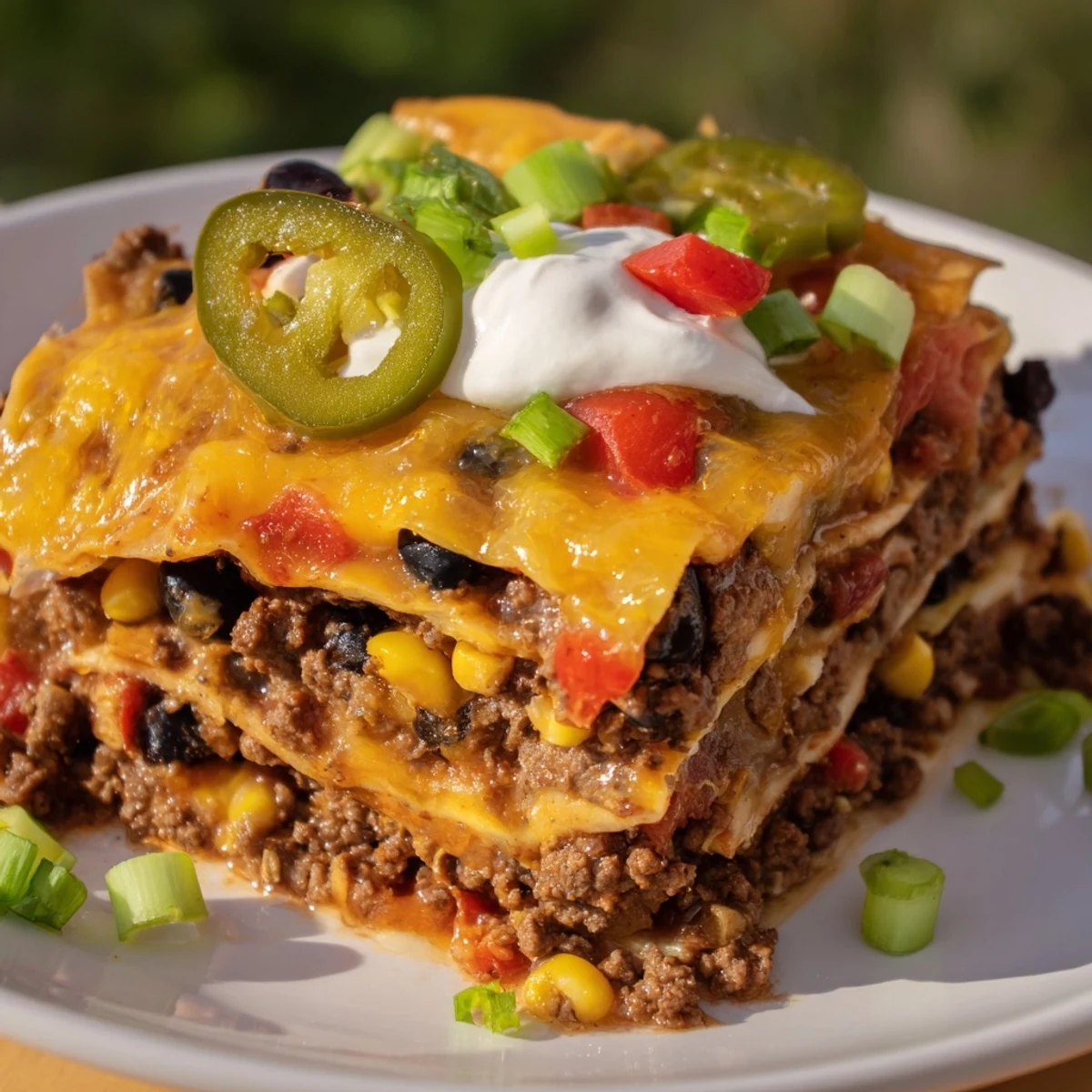 Homemade taco lasagna, a delicious fusion meal filled with savory meat and fresh toppings.