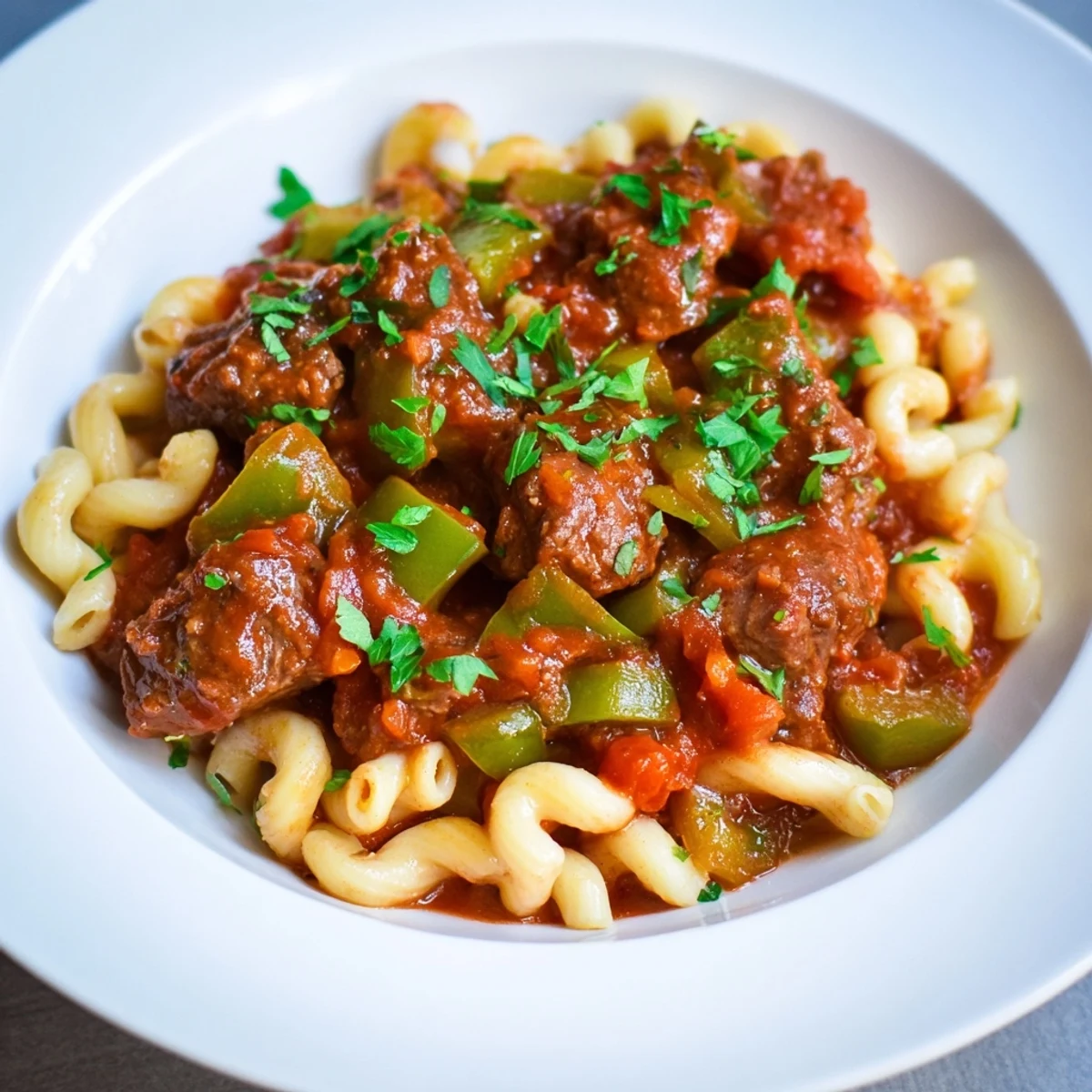 Steaming bowl of goulash with beef and pasta, garnished with fresh parsley, looks hearty.
