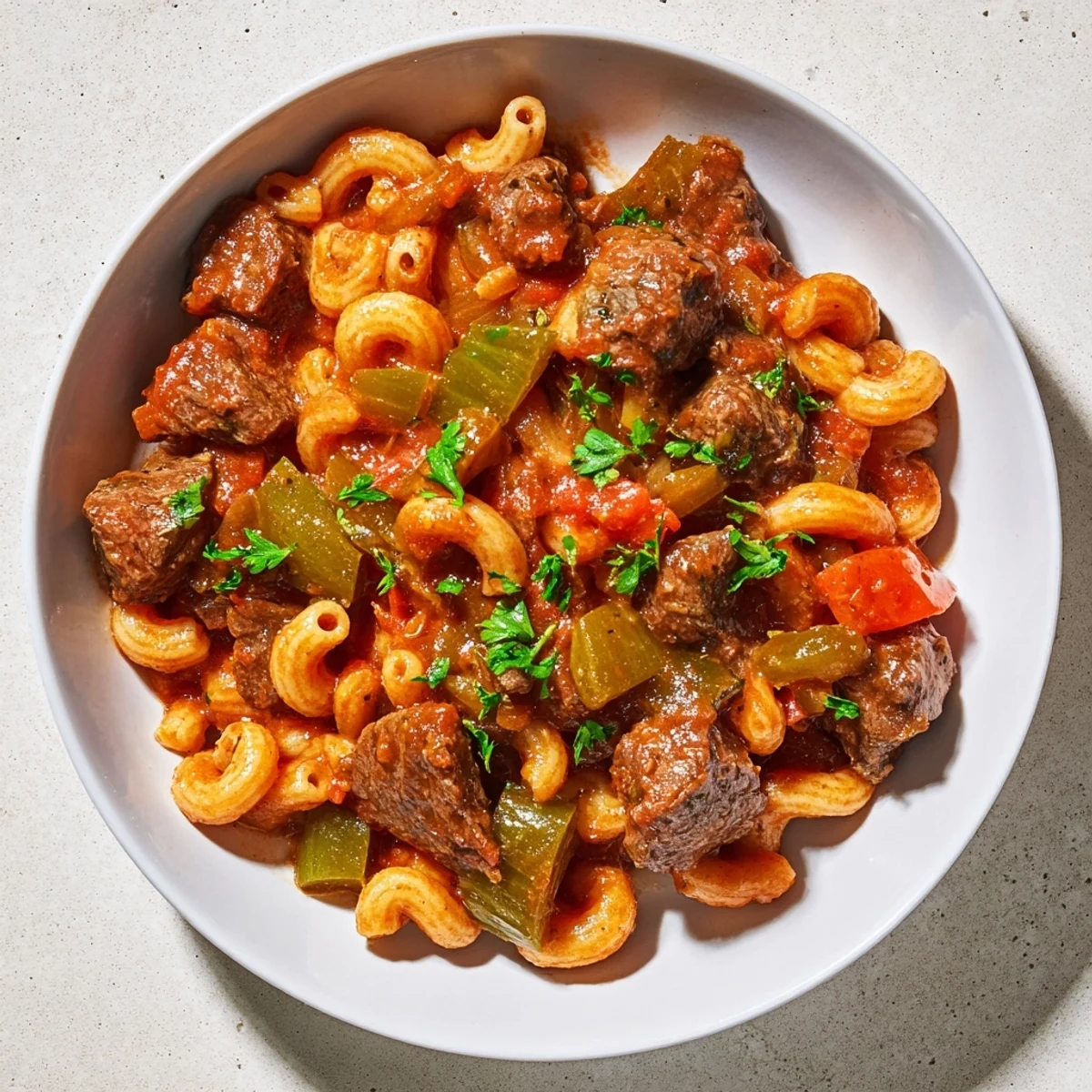 Rich and savory goulash, featuring beef, pasta, and vegetables simmering in a tomato broth.