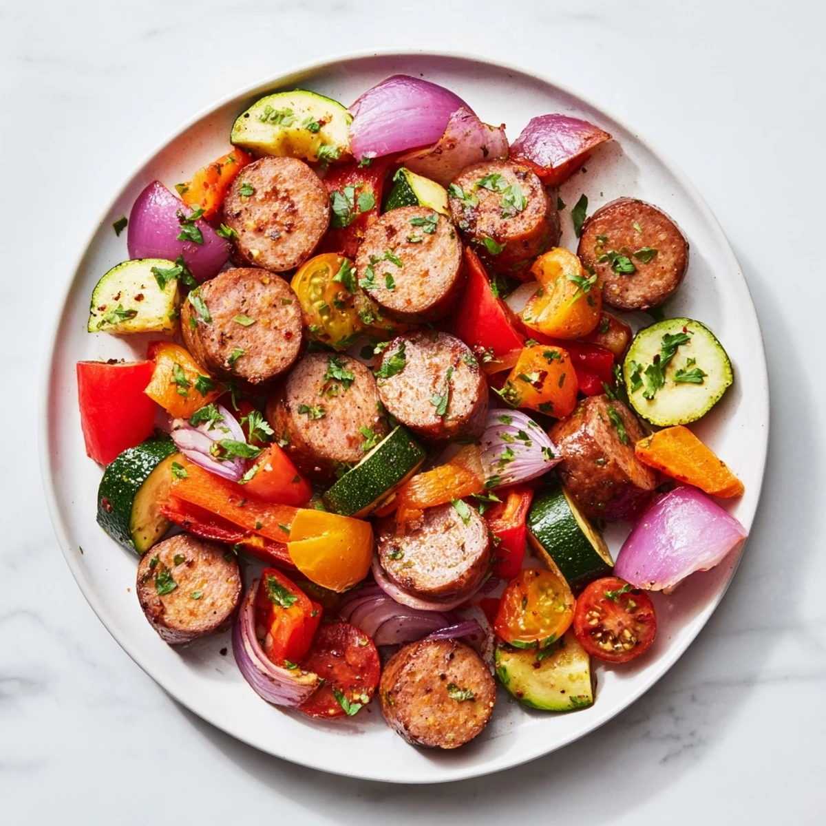 Sheet-pan roasted veggies & sausage, a colorful mix of tender roasted vegetables and sausage.