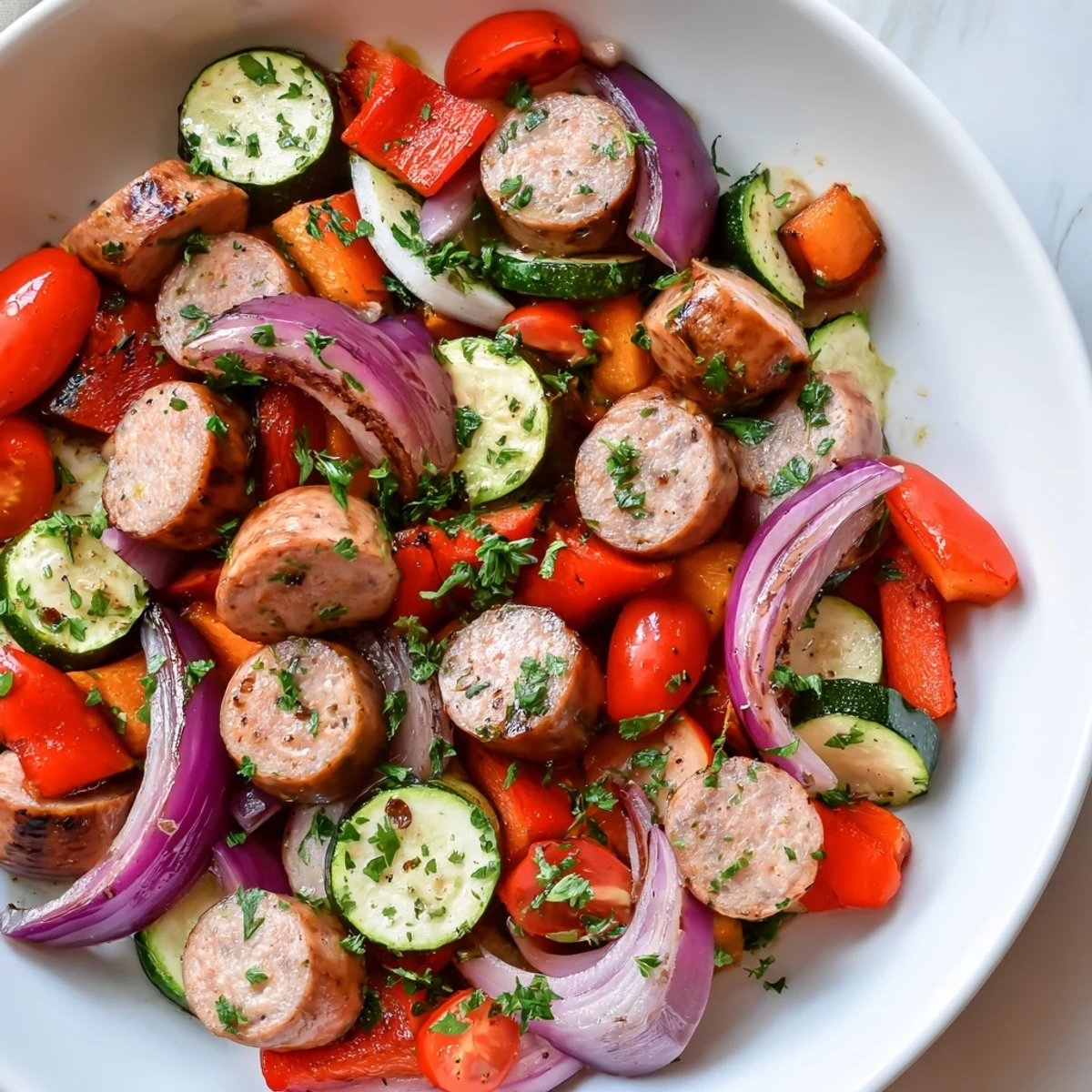 Golden, caramelized sheet-pan roasted veggies & sausage, a simple, delicious one-pan dinner idea.