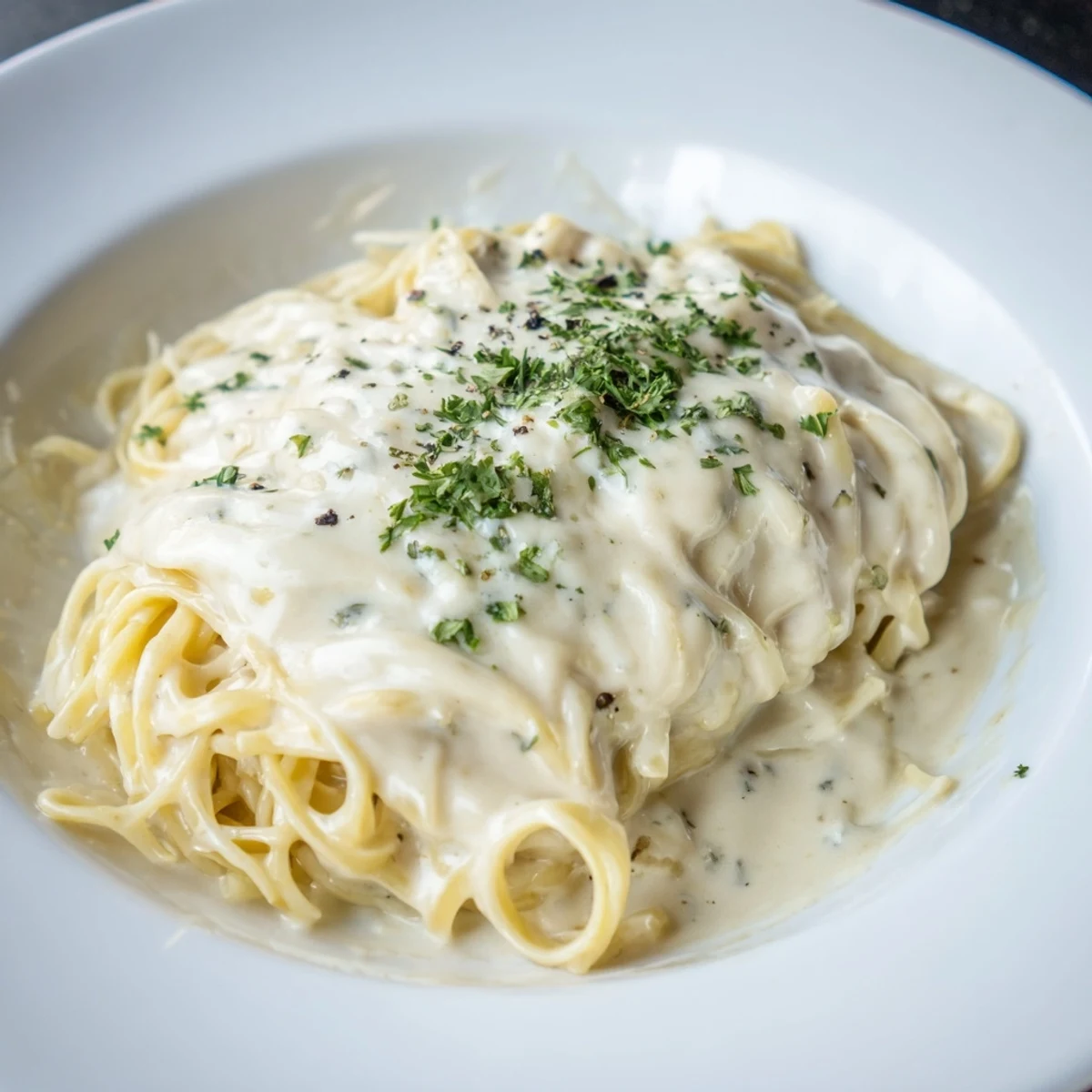 A warm bowl of Creamy Three-Cheese Spaghetti with a glistening, rich, cheesy, and creamy sauce inviting taste.