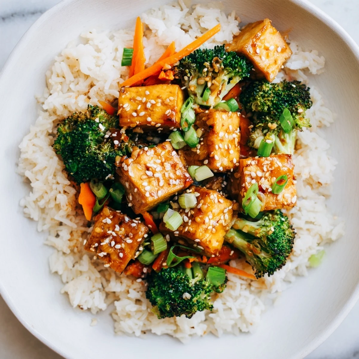 Tender broccoli and crispy sesame tofu, a flavorful dish served with steamed rice, ready to eat.