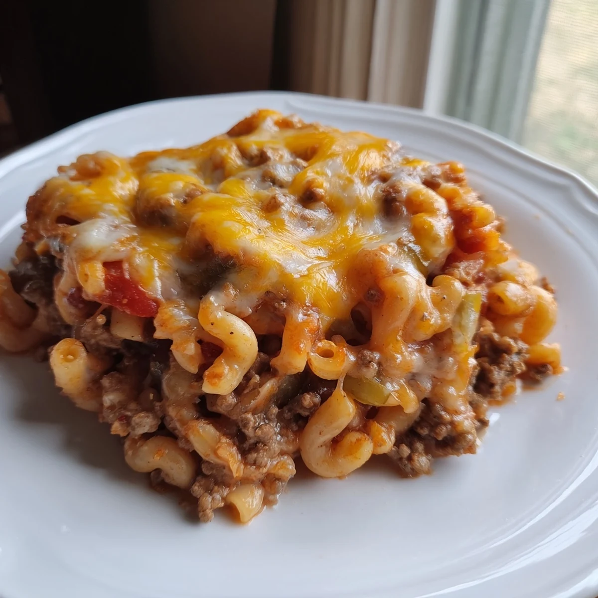 Golden, bubbly hamburger casserole, a hearty weeknight dinner loaded with cheese.