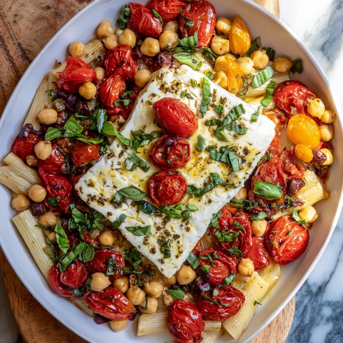 Vibrant image of baked feta chickpeas and tomatoes sizzling, a tasty, easy vegetarian recipe.