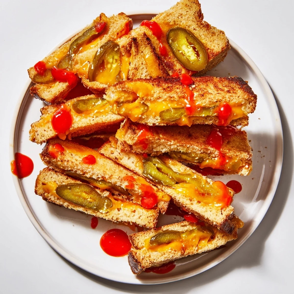 Close-up shot shows the delicious layers of these Spicy Pickle Grilled Cheese Dippers, perfectly golden and ready to enjoy.