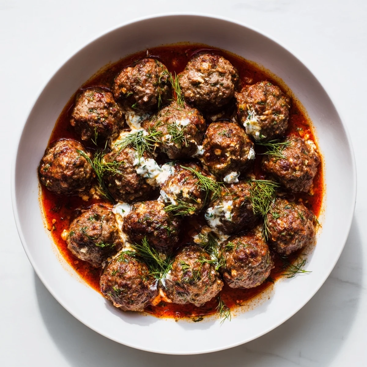 Tender Instant Pot Greek Meatballs swimming in vibrant tomato sauce, topped with creamy lemon-feta.