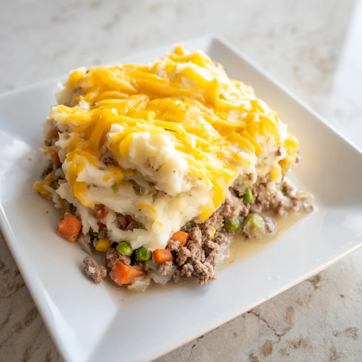 Golden, bubbling Budget Shepherds Pie with a creamy, cheesy mashed potato topping, ready to serve.